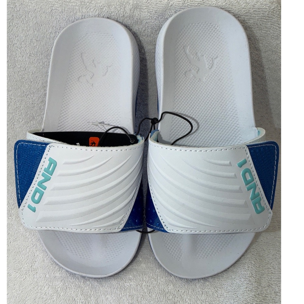 AND1 Kids Sport Slide Sandals White Blue Adjustable Strap Size 13/1 NEW